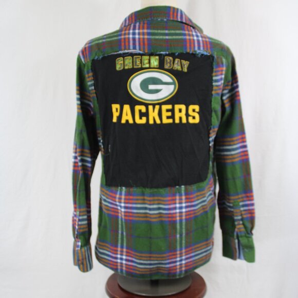 Packers Flannel Green Bay Upcycled Youth Button Down NFL Football Size 15-16 - Picture 1 of 10